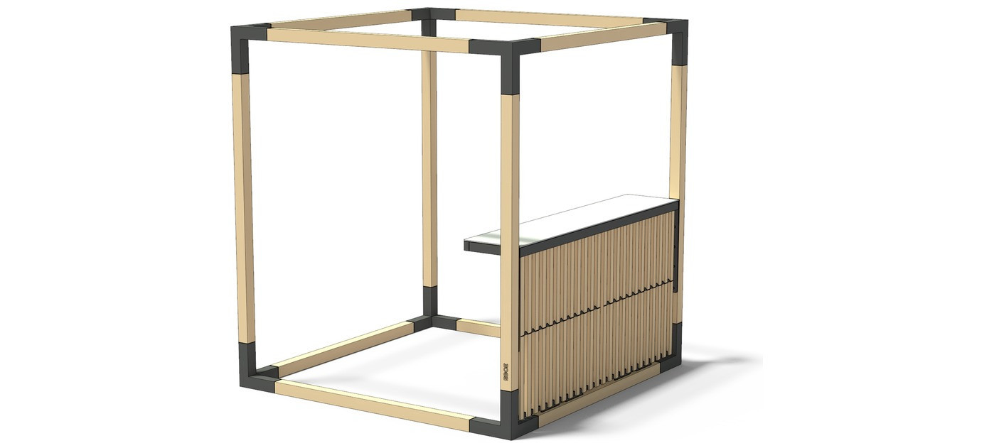 Egoe LEVA half-size slat wall with integrated bar table, larch