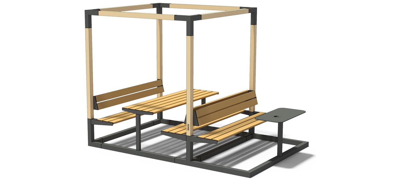 Egoe LEVA picnic single cube with integrated table, benches and ashtray table, larch