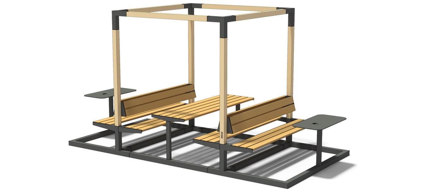 Egoe LEVA picnic single cube with integrated table, benches and ashtray tables, larch