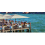 Umbrellas over waterfront restaurant