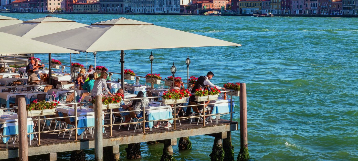 Umbrellas over waterfront restaurant
