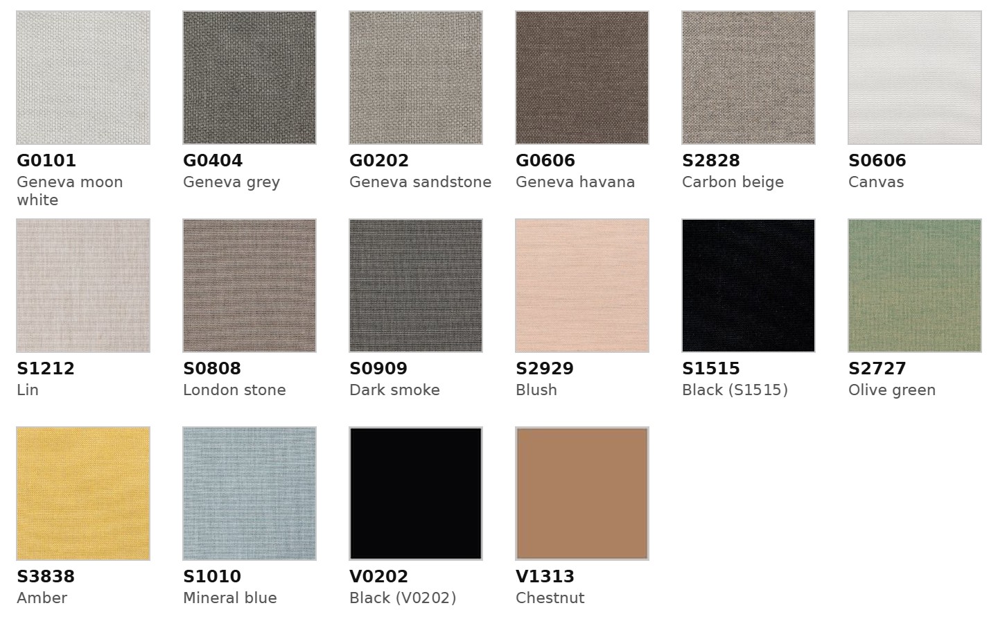 Sydney Esszimmerstuhl: B - Geneva moon white (G0101), Geneva grey (G0404), Geneva sandstone (G0202), Geneva havana (G0606), Carbon beige (S2828), Canvas (S0606), Lin (S1212), London stone (S0808), Dark smoke (S0909), Blush (S2929), Black (S1515) (S1515), Olive green (S2727), Amber (S3838), Mineral blue (S1010), Black (V0202) (V0202), Chestnut (V1313)