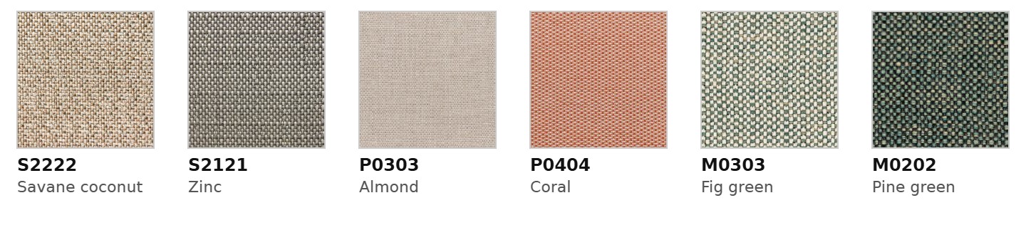 Sydney Esszimmerstuhl: C - Savane coconut (S2222), Zinc (S2121), Almond (P0303), Coral (P0404), Fig green (M0303), Pine green (M0202)