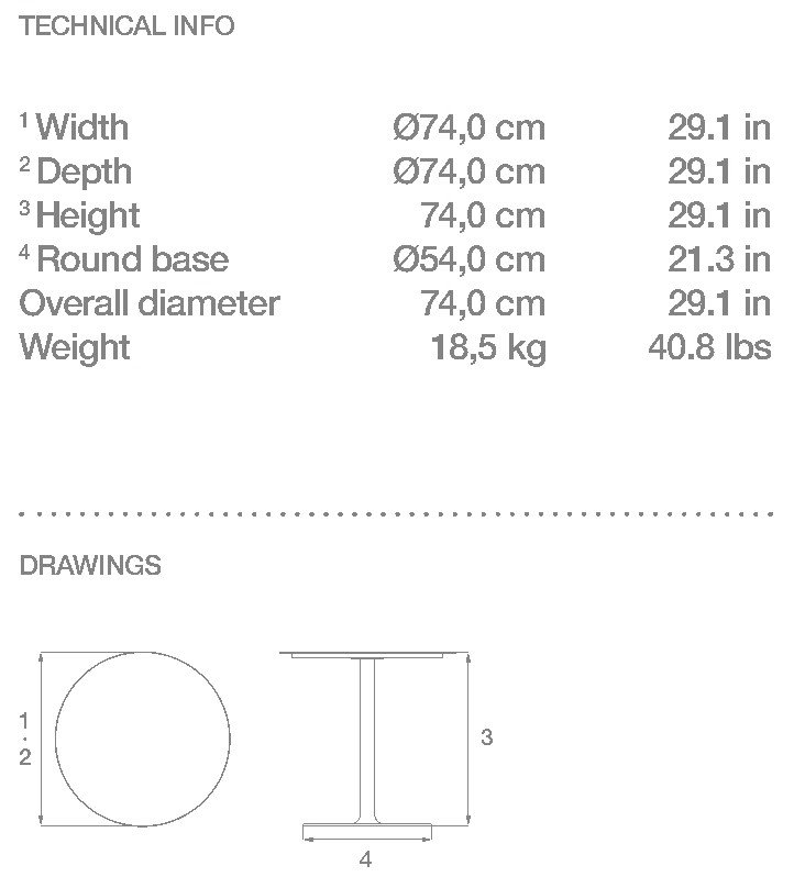 HOUE Pico tavolino bistrot Ø74 cm, base rotonda – Disegno con misure
