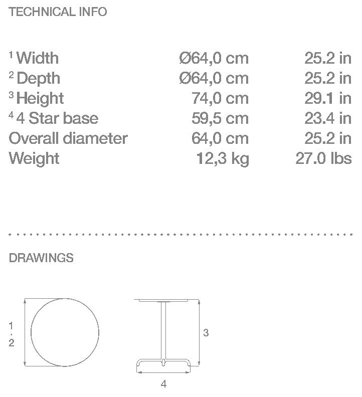 HOUE Pico tavolino bistrot Ø64 cm, base a 4 razze – Disegno con misure