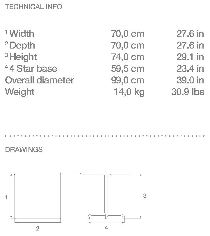 HOUE Pico tavolino bistrot 70 x 70 cm, base a 4 razze – Disegno con misure
