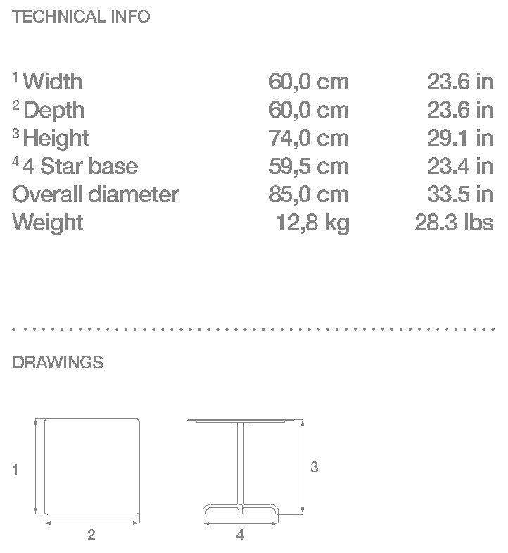HOUE Pico tavolino bistrot 60 x 60 cm, base a 4 razze – Disegno con misure