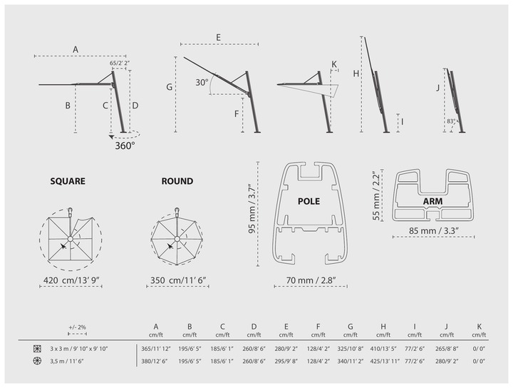 Versa PX square umbrella, 300 x 300 cm, dimensions