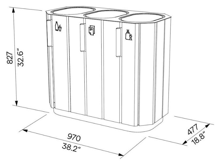 Egoe A koš za ločene odpadke 3x61 l, A20-8101 – Načrt z merami