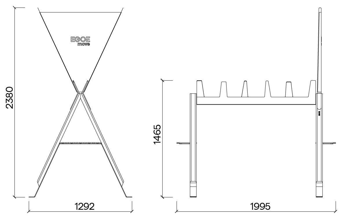 Egoe Cabra multifunktionaler Ski- und Fahrradständer, Jatoba, mit Werbebanner, 200 x 129 cm – Maßzeichnung