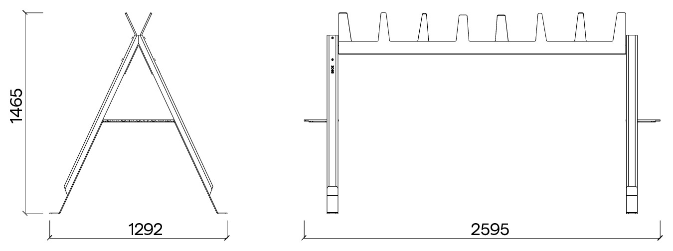 Egoe Cabra večnamensko stojalo za smuči in kolesa, jatoba, 239,5 x 129 cm – Načrt z merami