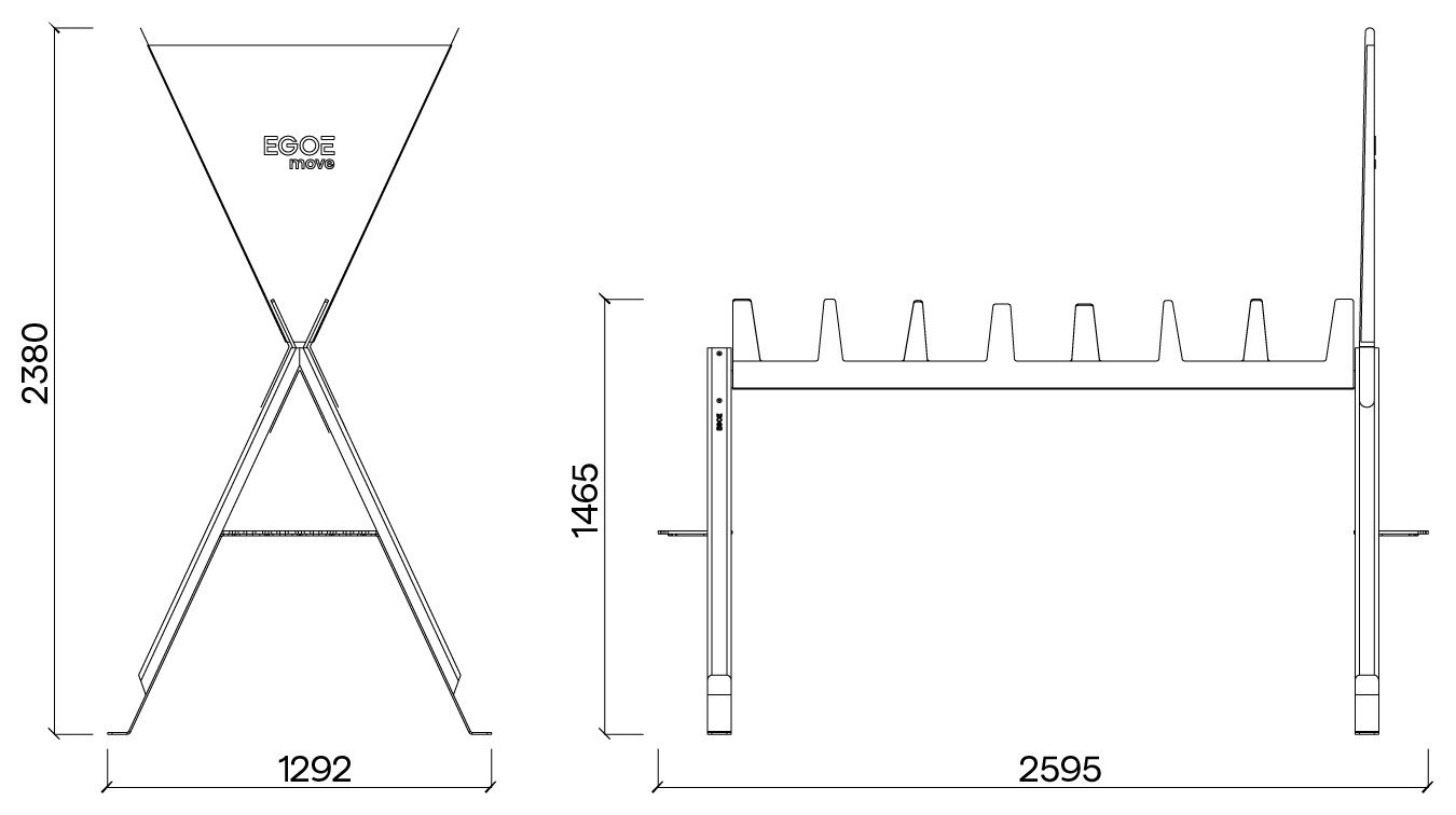 Egoe Cabra multifunktionaler Ski- und Fahrradständer, Jatoba, mit Werbebanner, 260 x 129 cm – Maßzeichnung