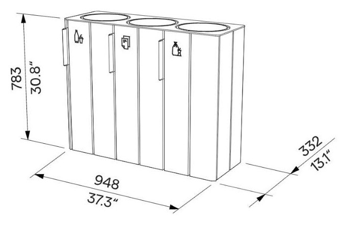 Egoe E Abfallbehälter für getrennten Abfall 3x38 l, E20-3101 – Maßzeichnung