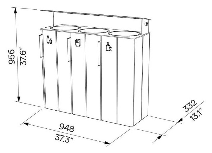 Egoe E Abfallbehälter für getrennten Abfall mit Regenhaube 3x38 l, E20-3111 – Maßzeichnung