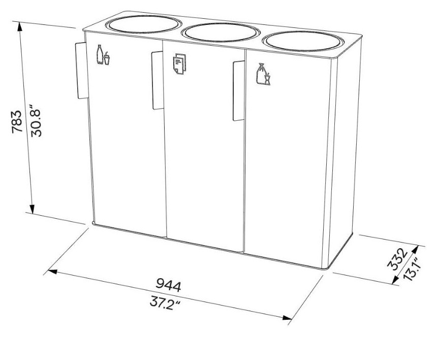 Egoe E koš za ločene odpadke 3x38 l, E20-3401 – Načrt z merami