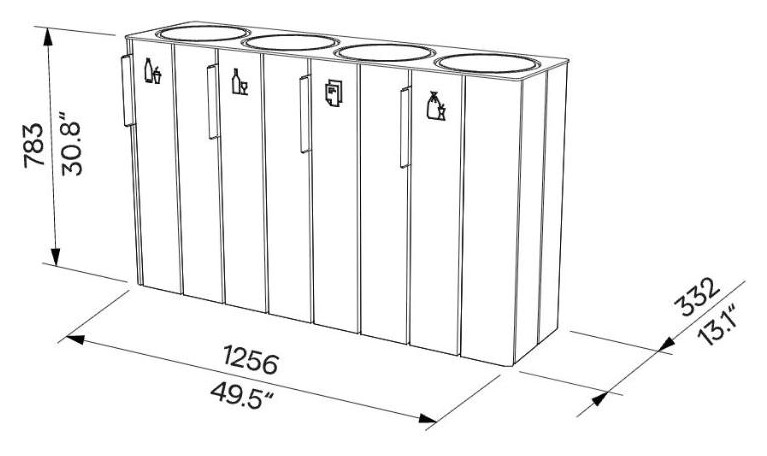 Egoe E Abfallbehälter für getrennten Abfall 4x38 l, E20-4101 – Maßzeichnung