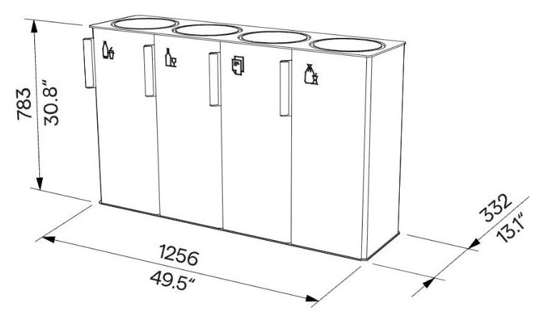Egoe E koš za ločene odpadke 4x38 l, E20-4401 – Načrt z merami