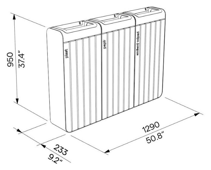 Egoe I Abfallbehälter für getrennten Abfall 3x45 l, I20-3001 – Maßzeichnung