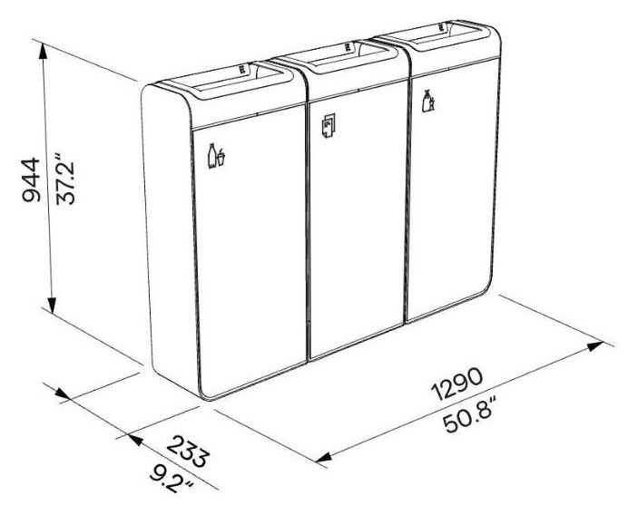 Egoe I koš za ločene odpadke 3x45 l, I20-3401 – Načrt z merami