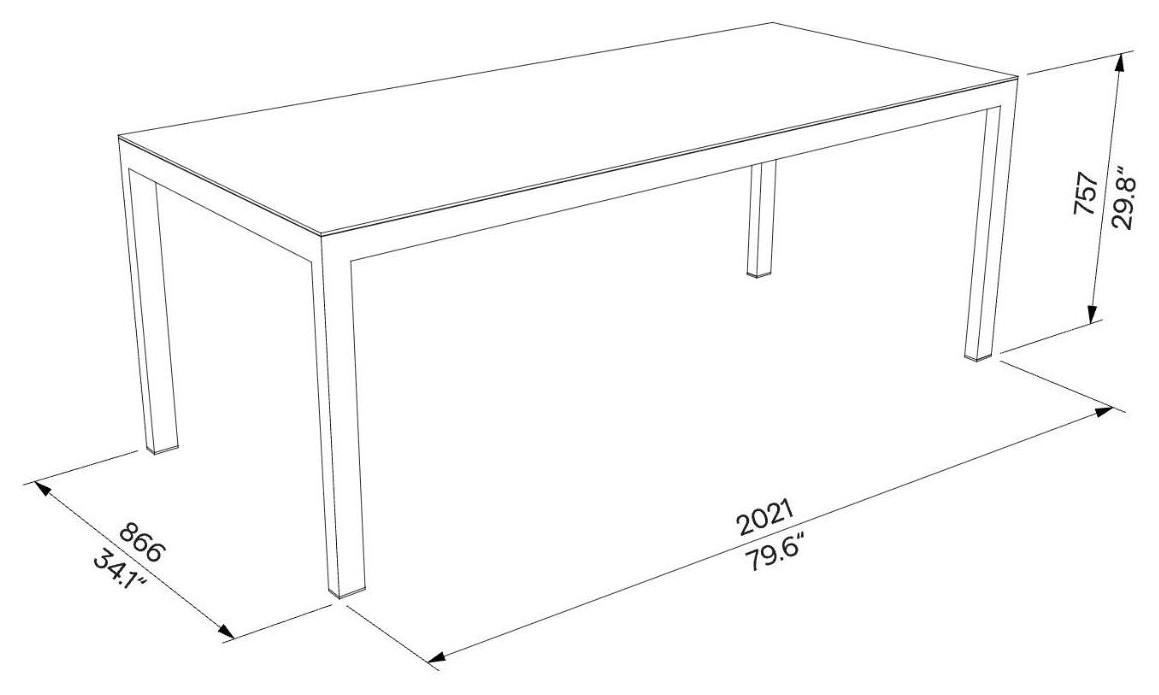 Egoe Cora pravokotna miza, HPL, 202,1 x 86,6 cm – Načrt z merami