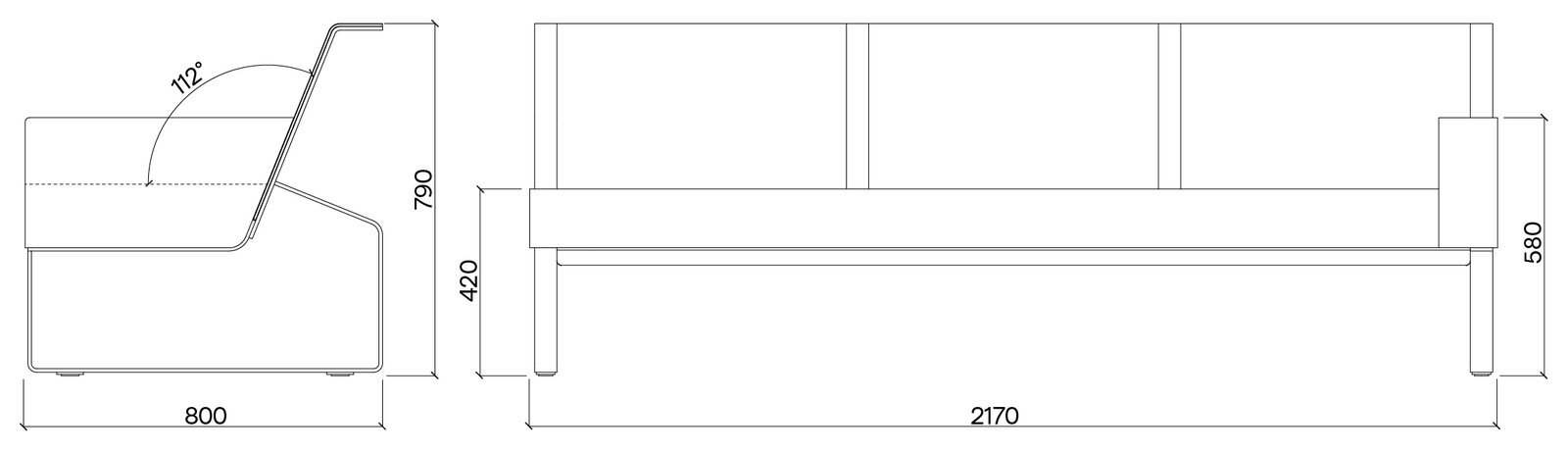Egoe Moja Dreisitzer-Sofa mit rechter Armlehne – Maßzeichnung