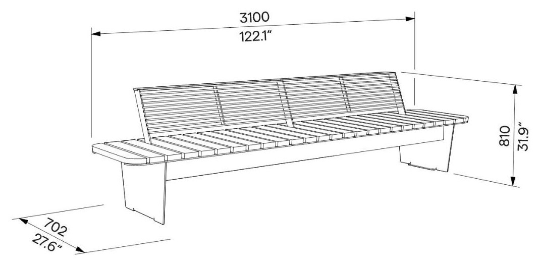 Egoe O bench without backrest 3m, O1-3601 – Dimension drawing