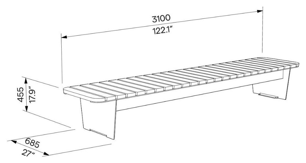 Egoe O bench without backrest 3m, O1-3621 – Dimension drawing