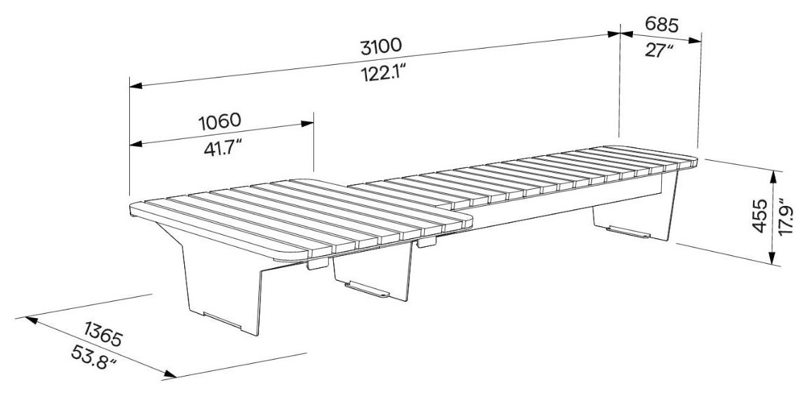 Egoe O bench without backrest 3m, O1-3631 – Dimension drawing