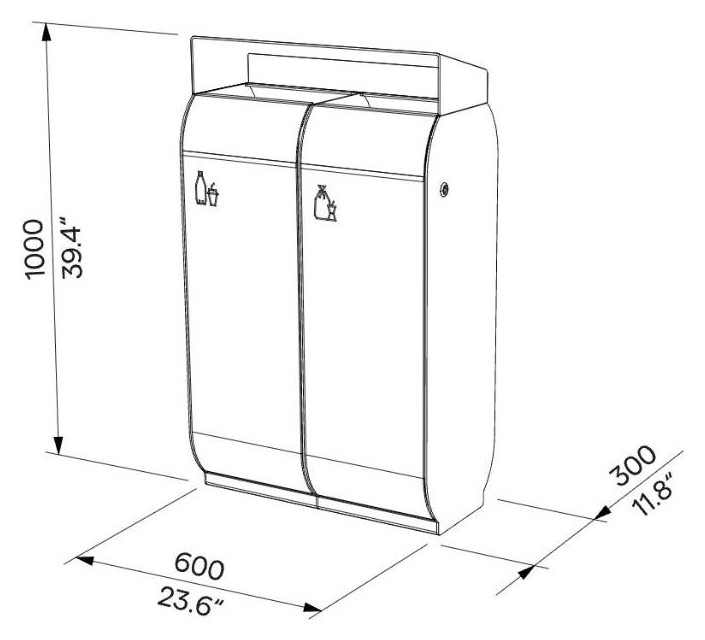 Egoe O cestino per la raccolta differenziata con copertura antipioggia, 2x37 l, O20-2411 – Disegno con misure