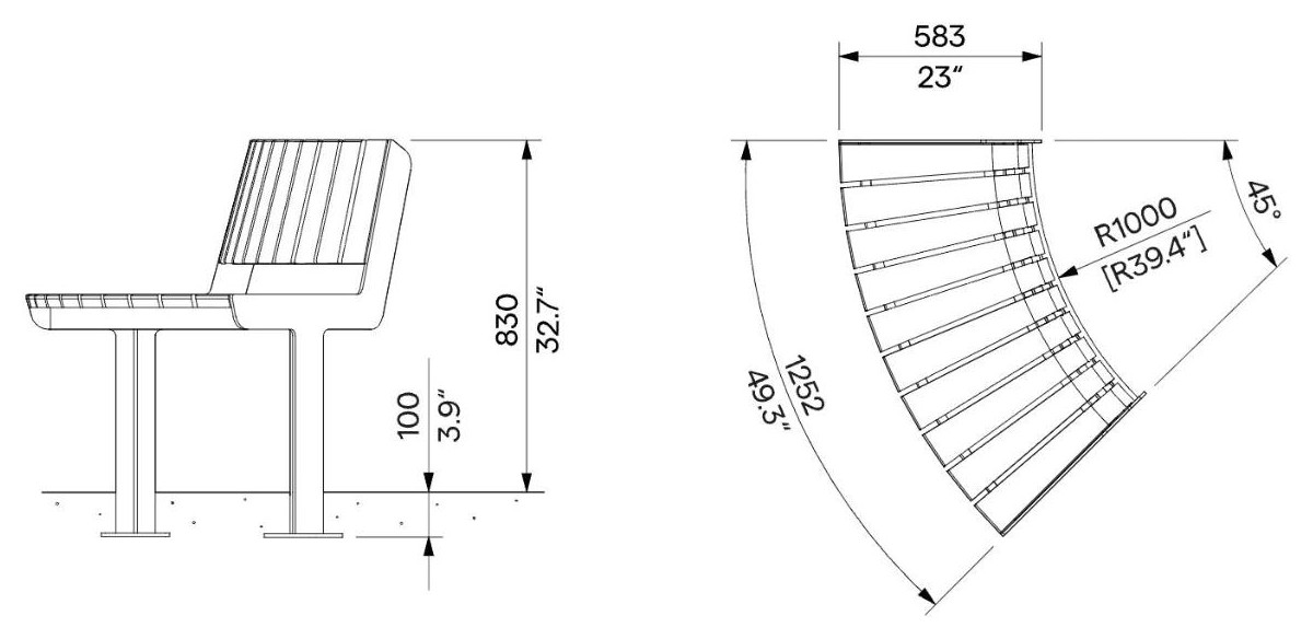Egoe U curved bench with backrest R1100 / 45°, U3-500 – Dimension drawing