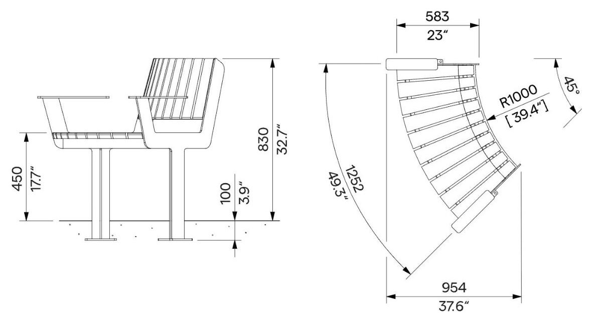 Egoe U panca curva con schienale e braccioli R1100 / 45°, U3-510 – Disegno con misure