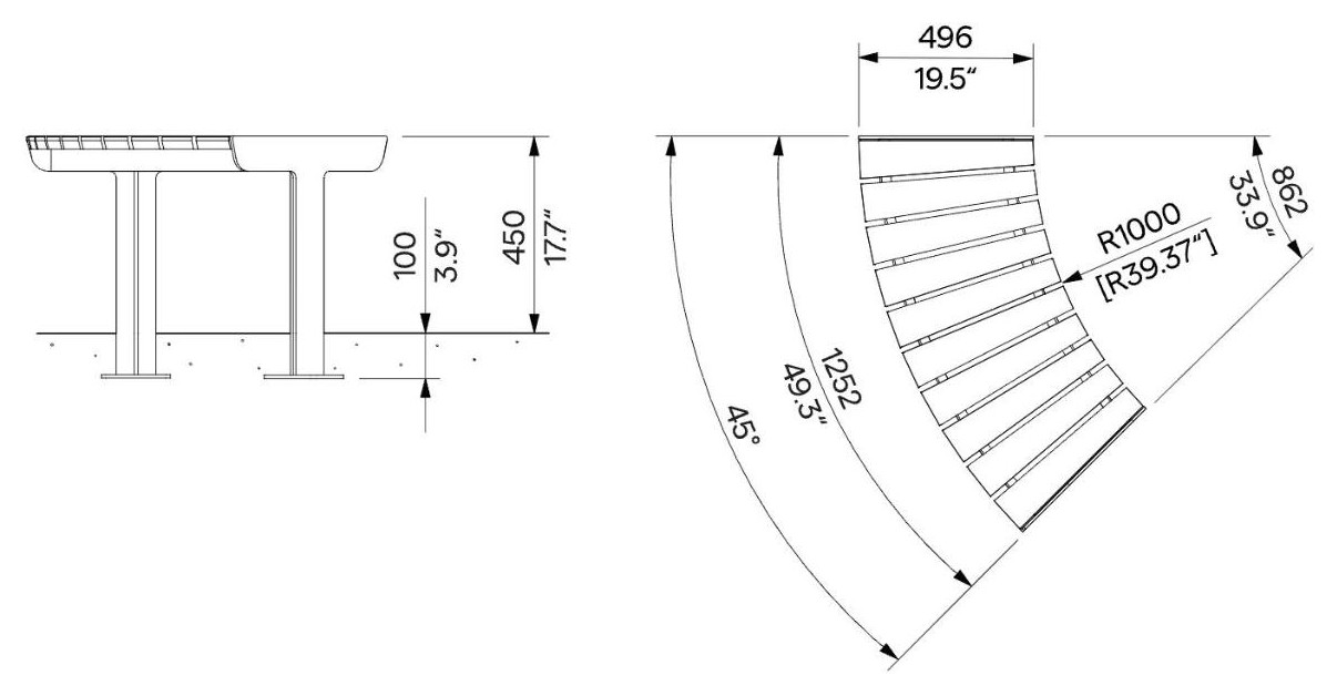 Egoe U curved bench without backrest R1100 / 45°, U3-520 – Dimension drawing