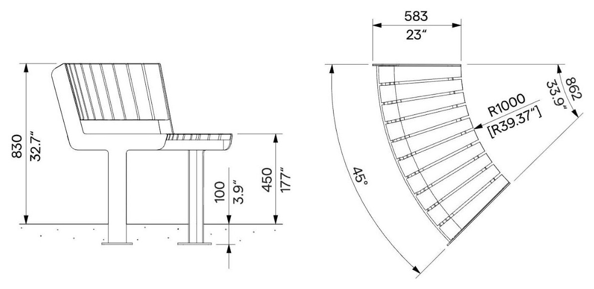 Egoe U panca curva R1100 / 45°, U3-550 – Disegno con misure