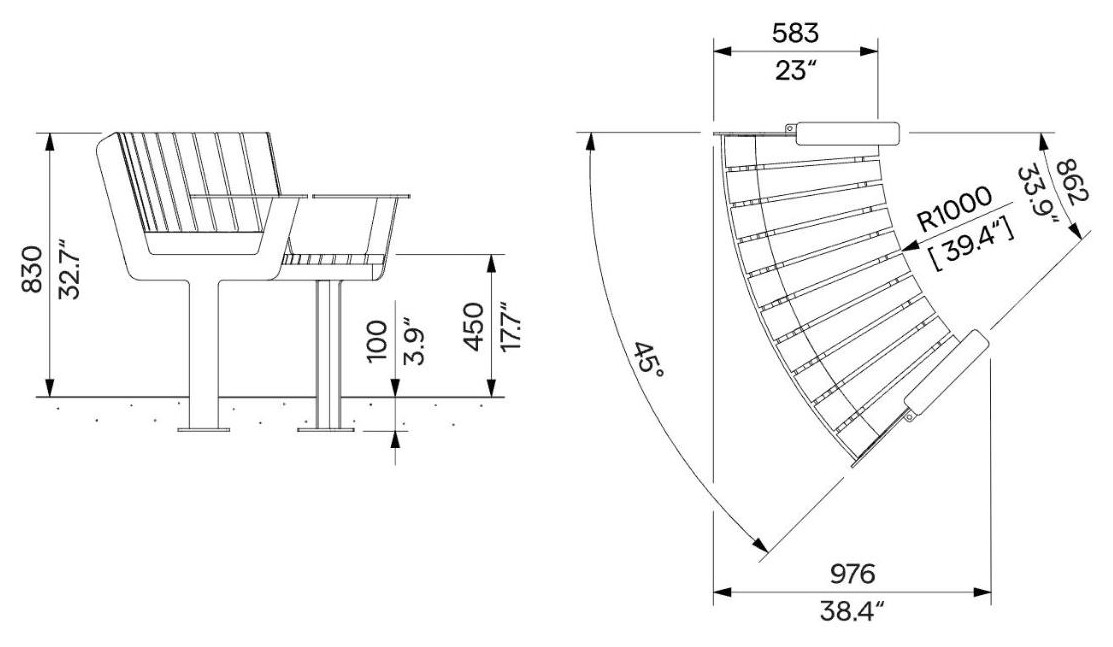 Egoe U panca curva con braccioli R1100 / 45°, U3-560 – Disegno con misure