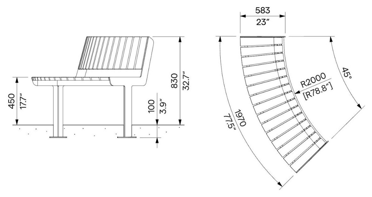 Egoe U gebogene Bank R2000 / 30°, U3-600 – Maßzeichnung