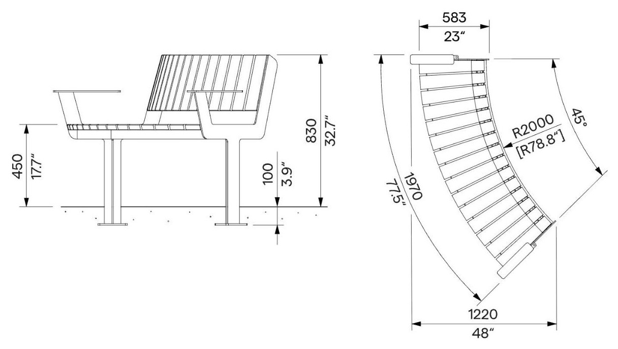 Egoe U gebogene Bank mit Armlehnen R2000 / 30°, U3-610 – Maßzeichnung