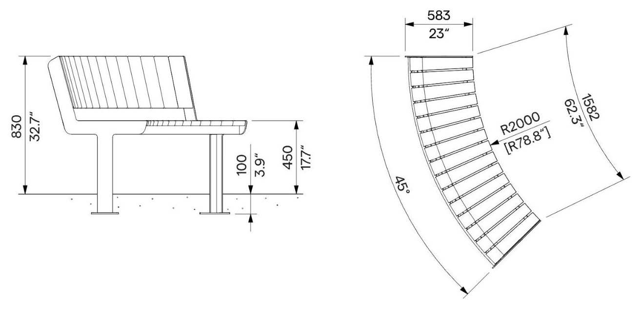 Egoe U gebogene Bank R2000 / 30°, U3-650 – Maßzeichnung