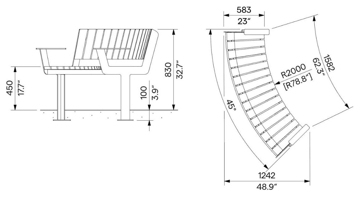 Egoe U gebogene Bank mit Armlehnen R2000 / 30°, U3-660 – Maßzeichnung