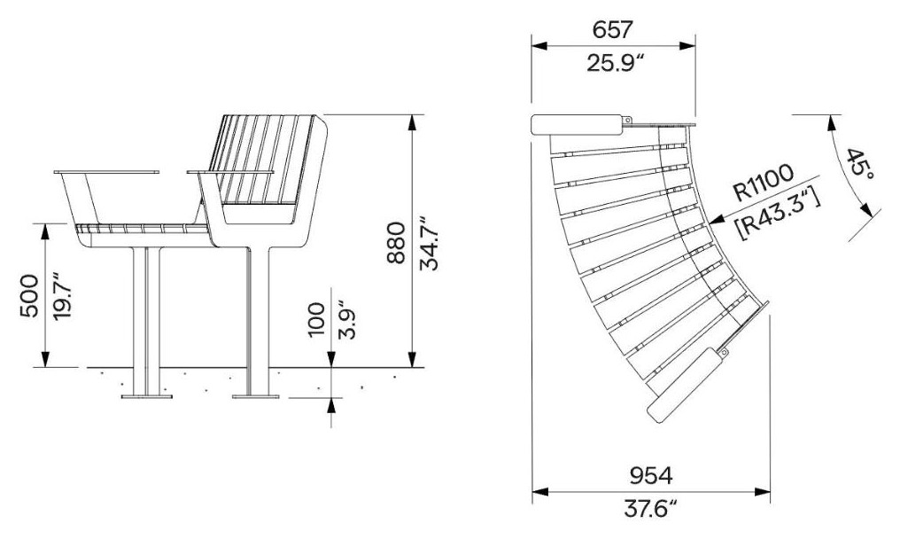 Egoe U curved bench Senior with backrest and armrests R1100 / 45°, U3-S510 – Dimension drawing