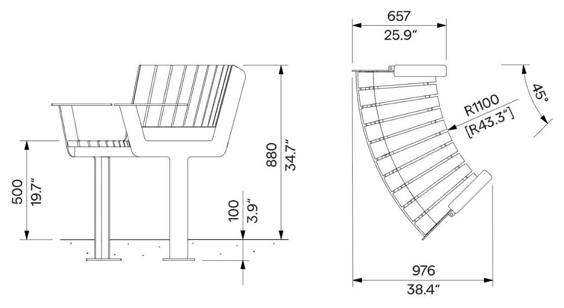 Egoe U gebogene Bank Senior mit Armlehnen R1100 / 45°, U3-S560 – Maßzeichnung