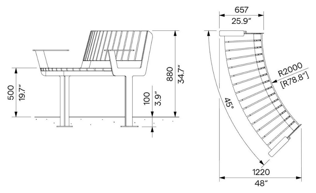 Egoe U panca curva Senior con braccioli R2000 / 30°, U3-S610 – Disegno con misure