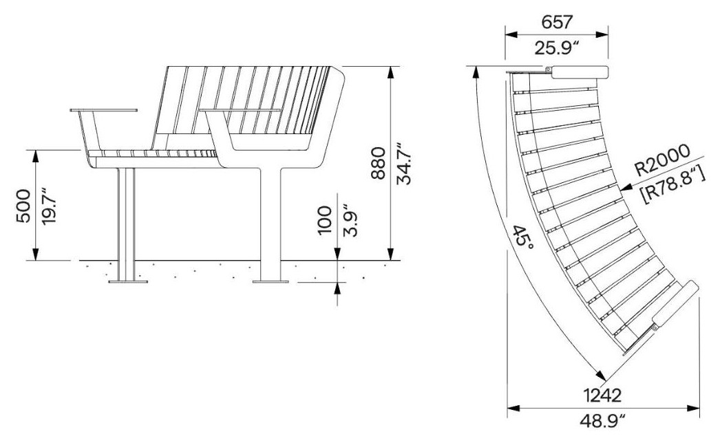 Egoe U gebogene Bank Senior mit Armlehnen R2000 / 30°, U3-S660 – Maßzeichnung