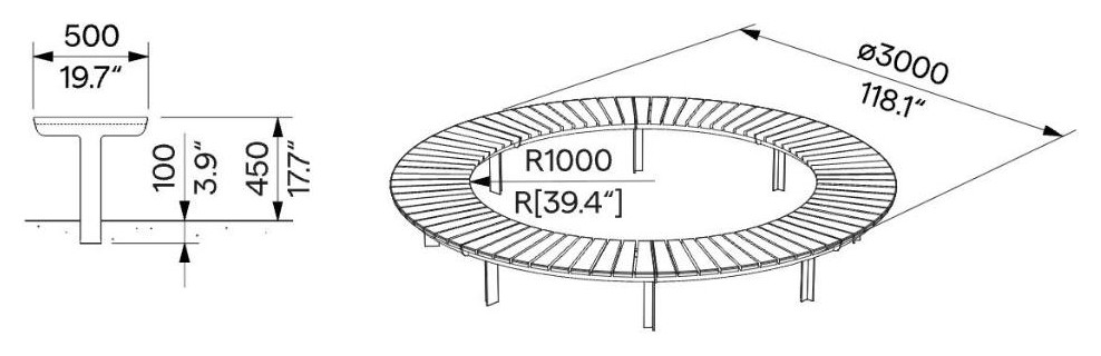 Egoe U gebogene Bank ohne Rückenlehne R2000 / 30°, U3-SETO1 – Maßzeichnung