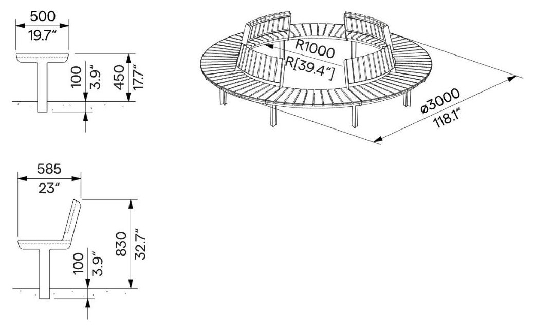 Egoe U gebogene Bank ohne Rückenlehne R2000 / 30°, U3-SETO2 – Maßzeichnung