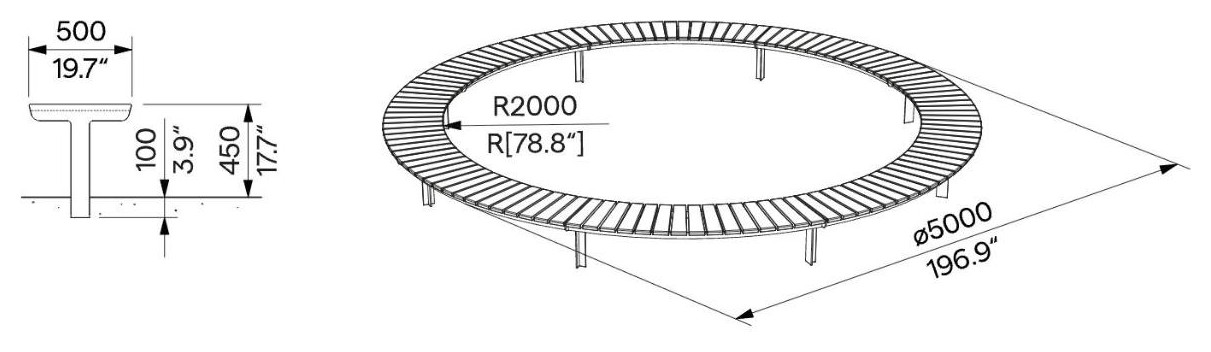 Egoe U gebogene Bank ohne Rückenlehne R2000 / 30°, U3-SETO3 – Maßzeichnung