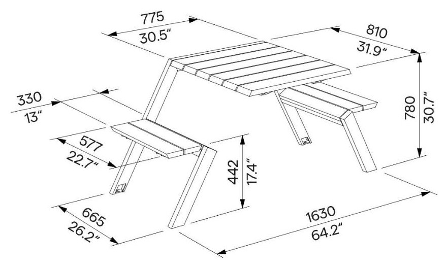 Egoe U Picknick-Set für 2 Personen, U6-121 – Maßzeichnung
