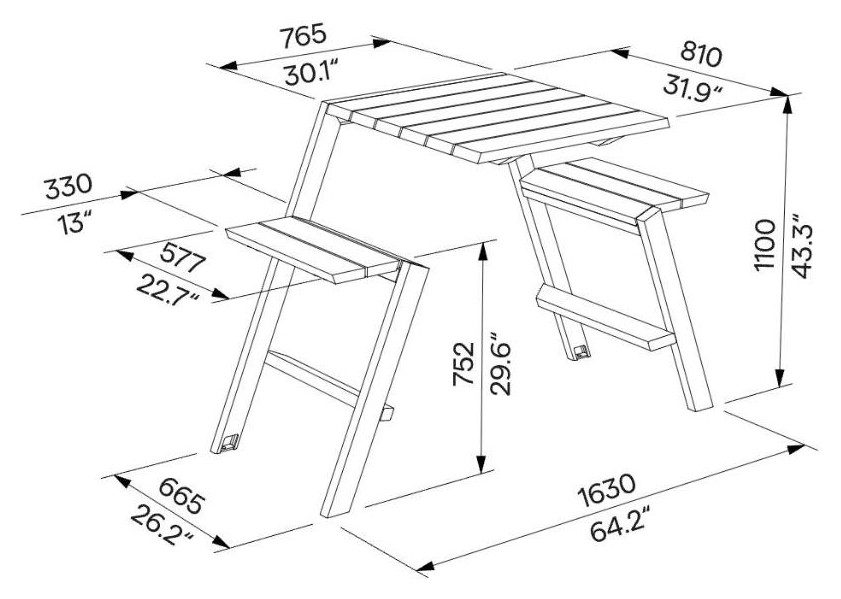 Egoe U Bar-Picknick-Set für 2 Personen, U6-171 – Maßzeichnung