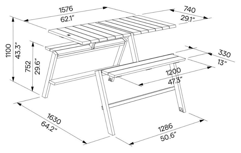 Egoe U Bar-Picknick-Set für 4 Personen, U6-271 – Maßzeichnung