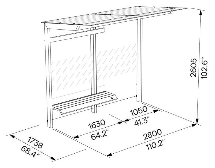 Egoe X Buswartehalle mit Glasdach 2,8 x 1,7 m, X1-200L-SS – Maßzeichnung