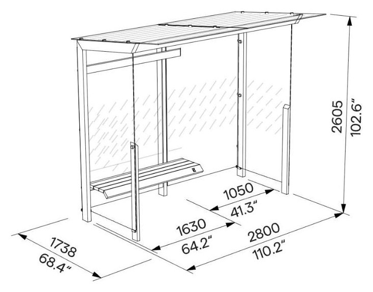 Egoe X Buswartehalle mit Glasdach 2,8 x 1,7 m, X1-210L-SS – Maßzeichnung